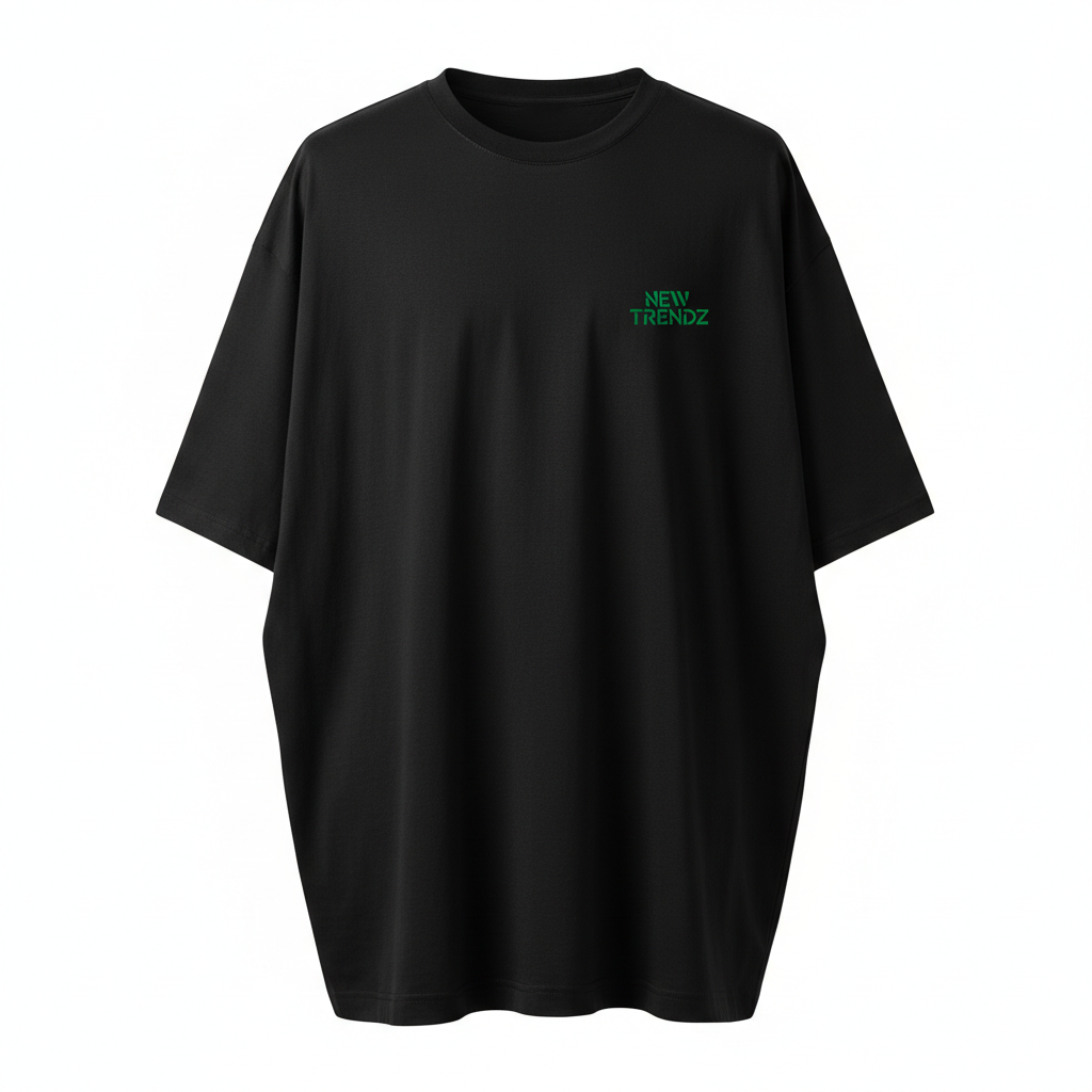 New Trendz Oversized Drop Shoulder Tee in Black with emerald green logo