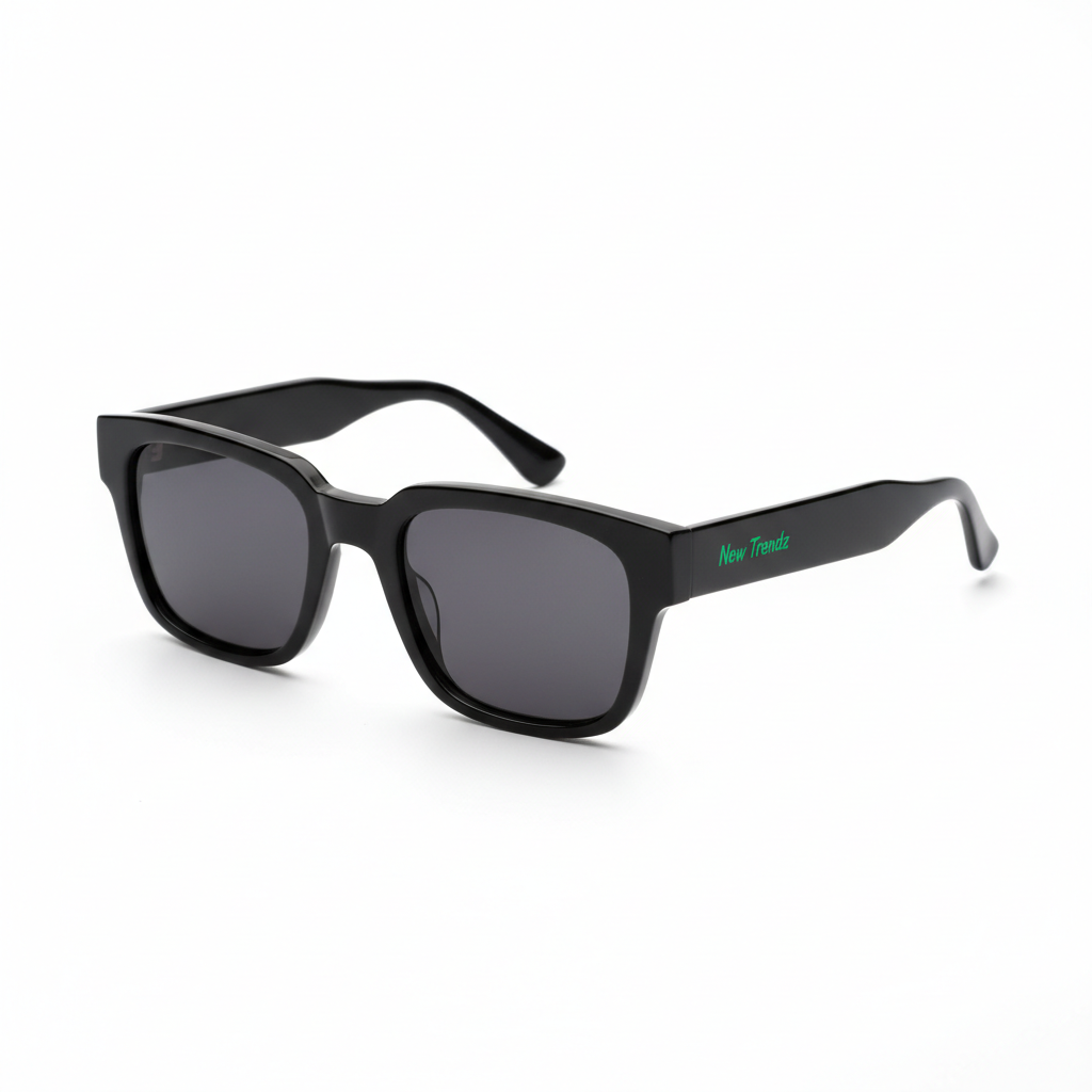 New Trendz Retro Square Sunglasses in black with emerald green logo
