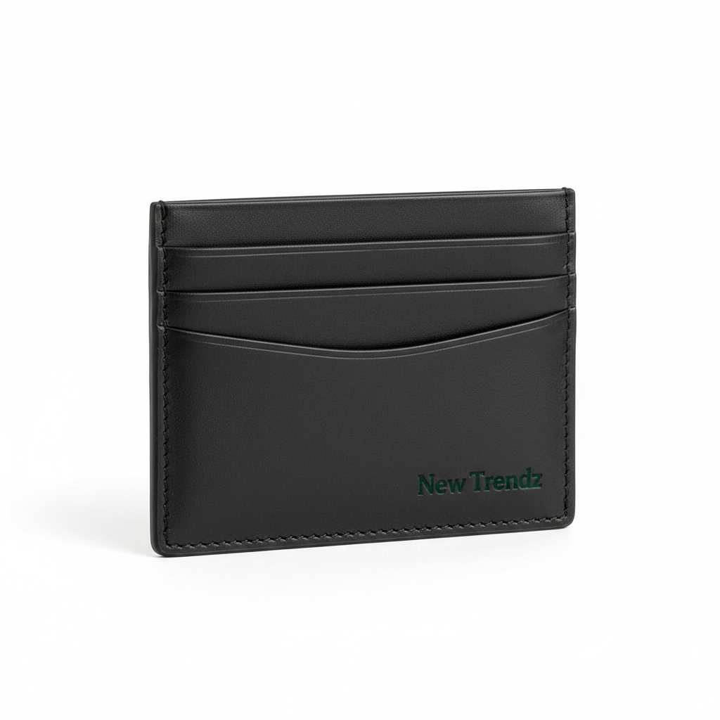 New Trendz Minimalist Card Holder in black leather with embossed logo