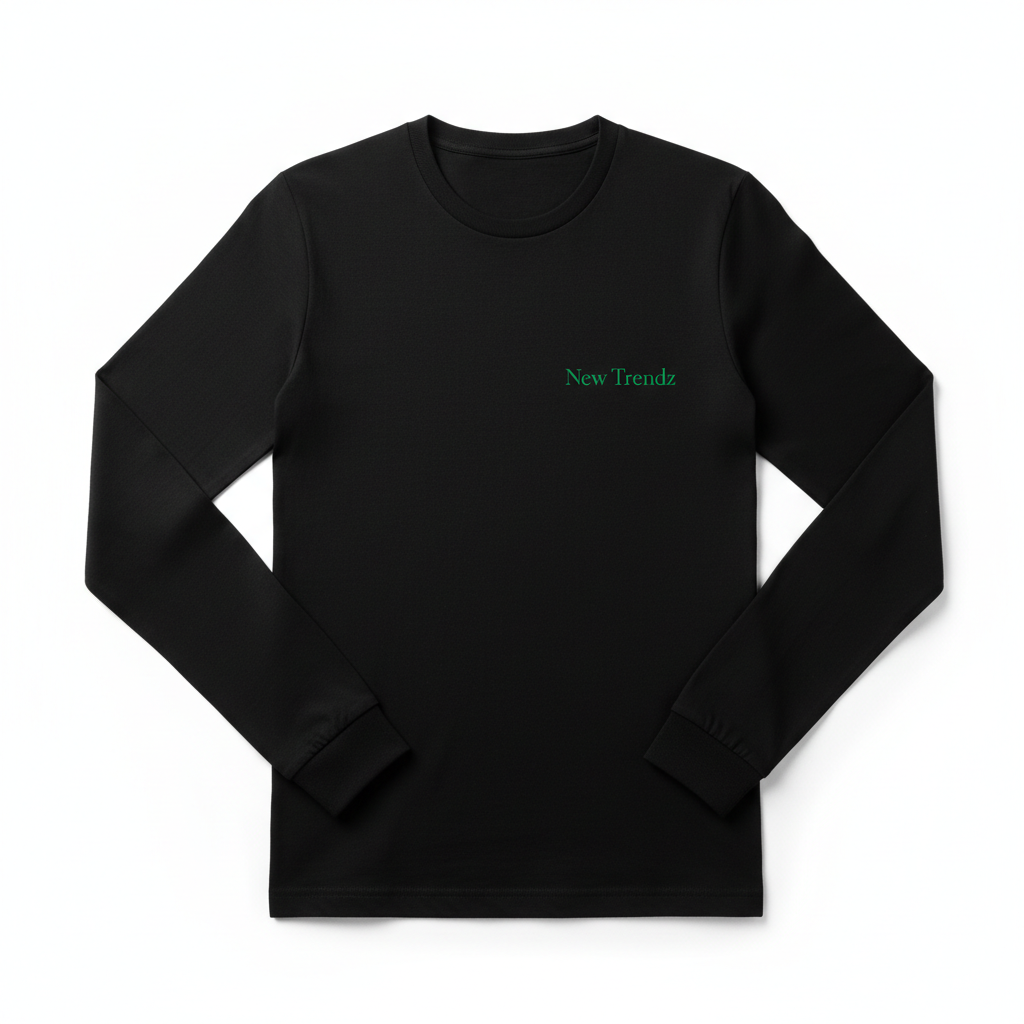 New Trendz Long Sleeve Logo Tee in Black with emerald green logo