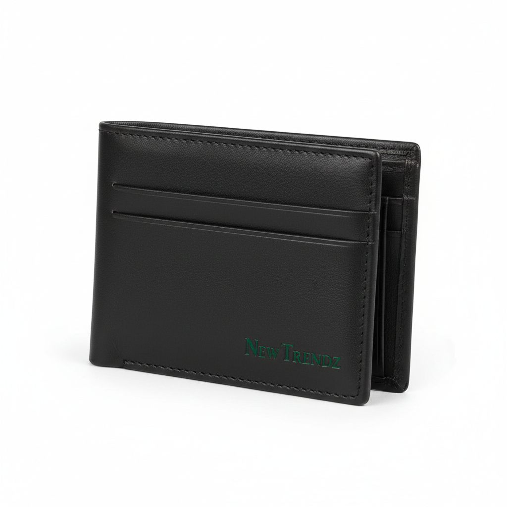 New Trendz Slim Bifold Wallet in black leather with embossed logo