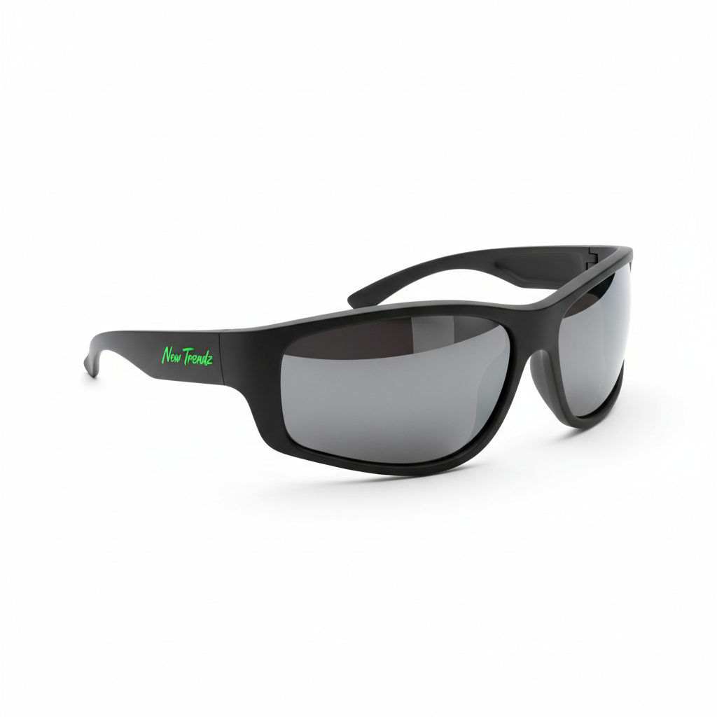 New Trendz Sport Wrap Sunglasses in black with emerald green logo