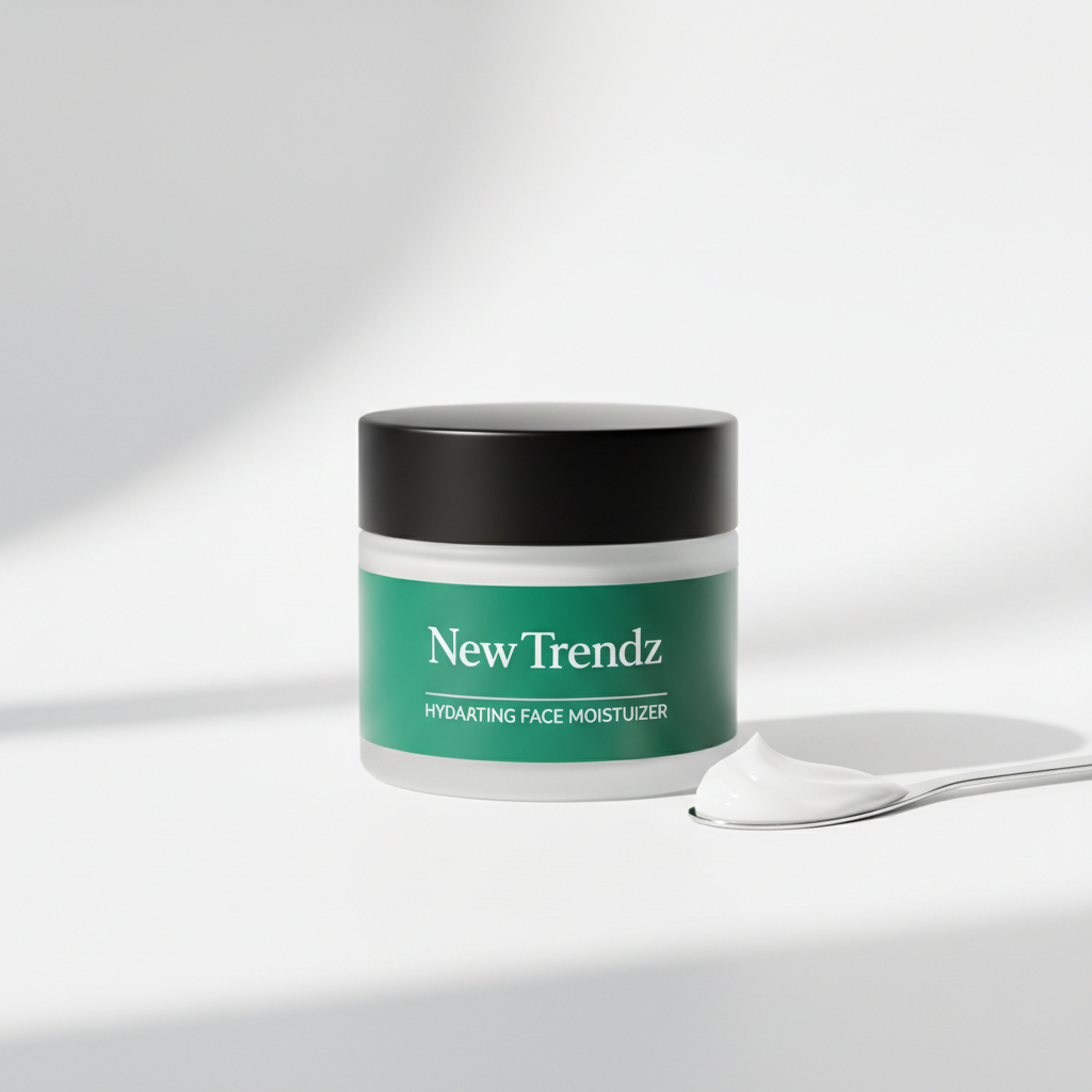 New Trendz Hydrating Face Moisturizer in white glass jar with black lid