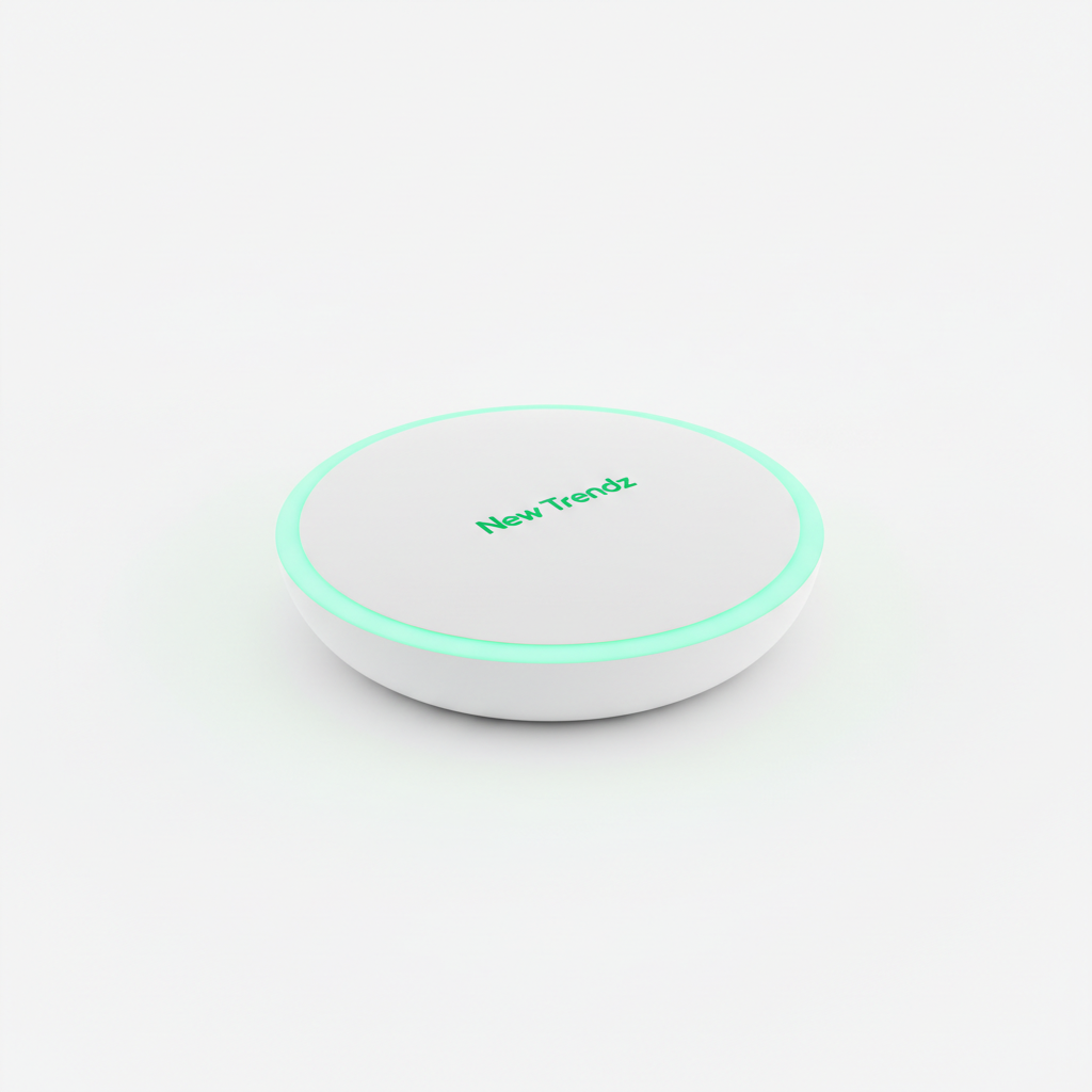New Trendz Smart Home Hub in white with emerald green logo and glowing ring